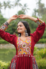 Thumbnail for Lorenvalley Maroon Rayon Contrast of Printed with Kutchi Gamthi work Gown