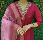 Thumbnail for Lorenvalley Fashion Maroon Roman Silk Hand Work Kurta Pant with Dupatta