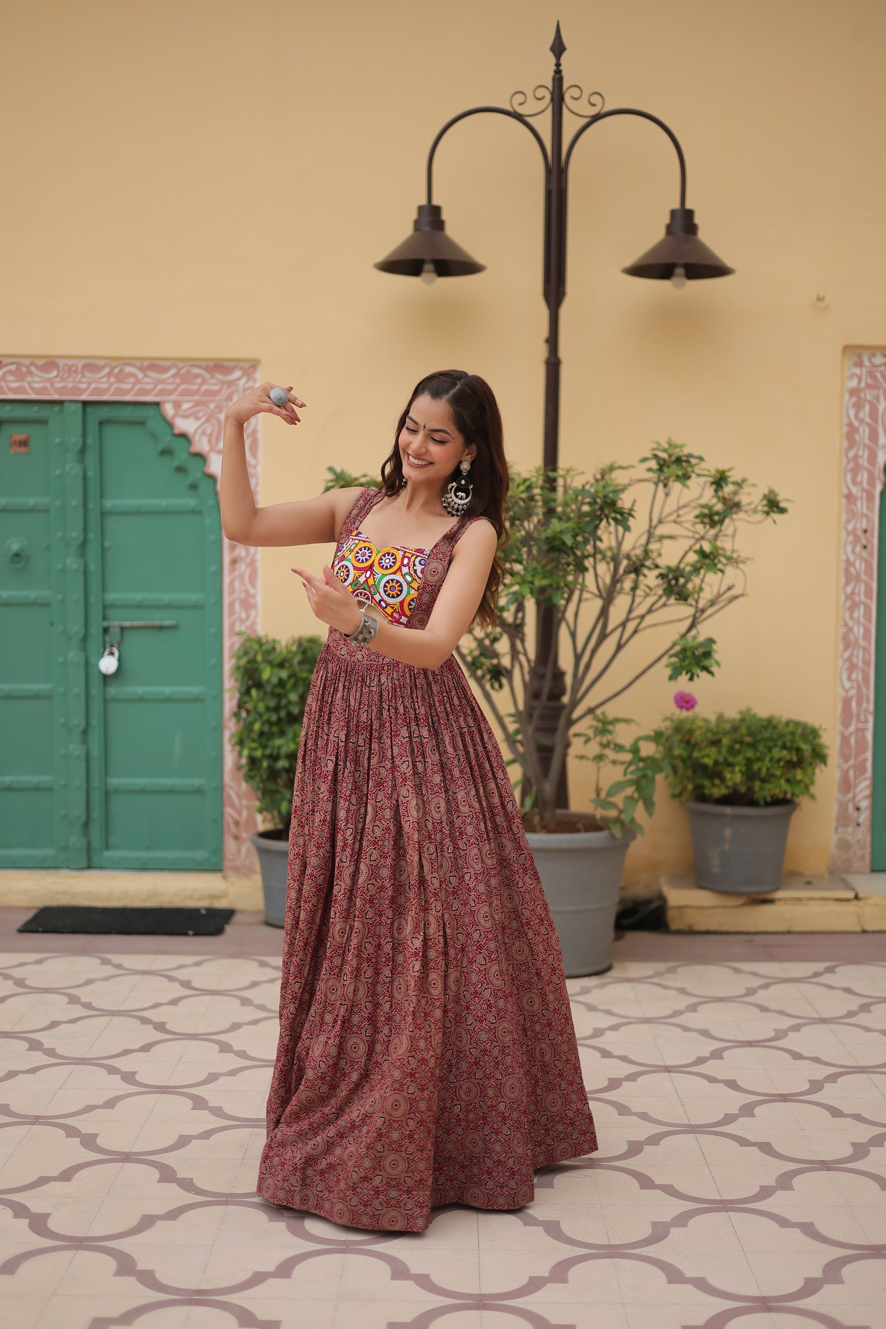 Lorenvalley Maroon Printed Cotton With Kutchi Gamthi Work and Kodi Lace Gown - Distacart