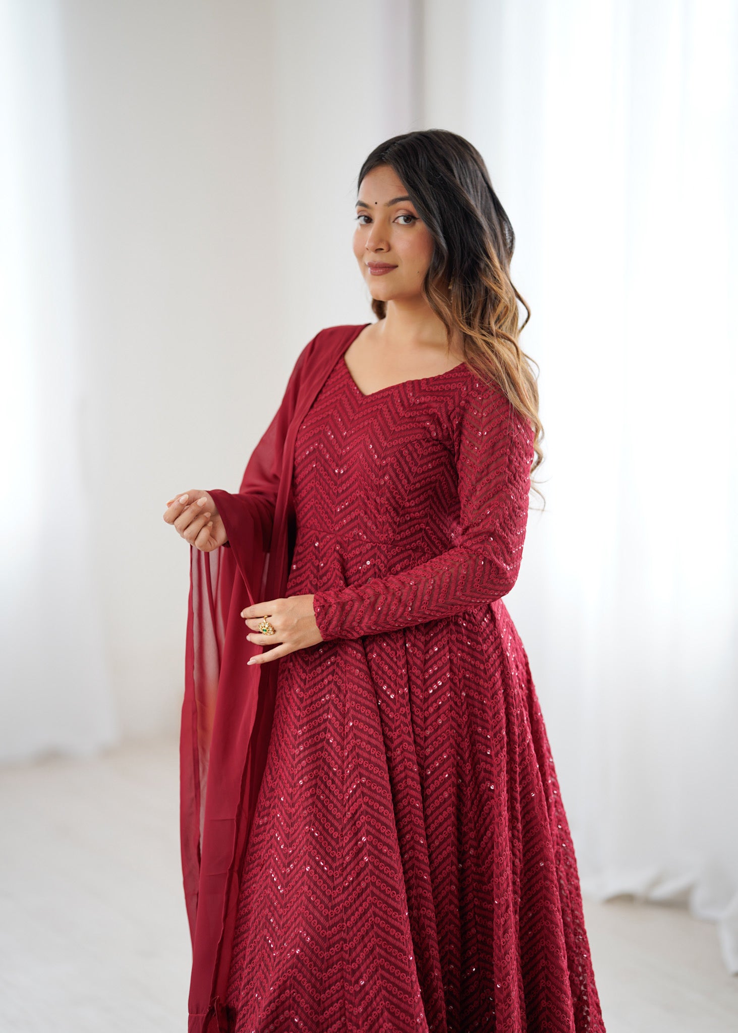 Lorenvalley Fashion Maroon Faux Georgette Lukhnowi Sequence Work Anarkali Kurta Pant With Dupatta Set