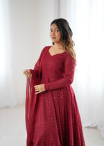 Thumbnail for Lorenvalley Fashion Maroon Faux Georgette Lukhnowi Sequence Work Anarkali Kurta Pant With Dupatta Set