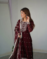 Thumbnail for Lorenvalley Maroon Rangoli Silk Embroidery Sequence And Thread Work Kurta Trousers with Dupatta Set - Distacart