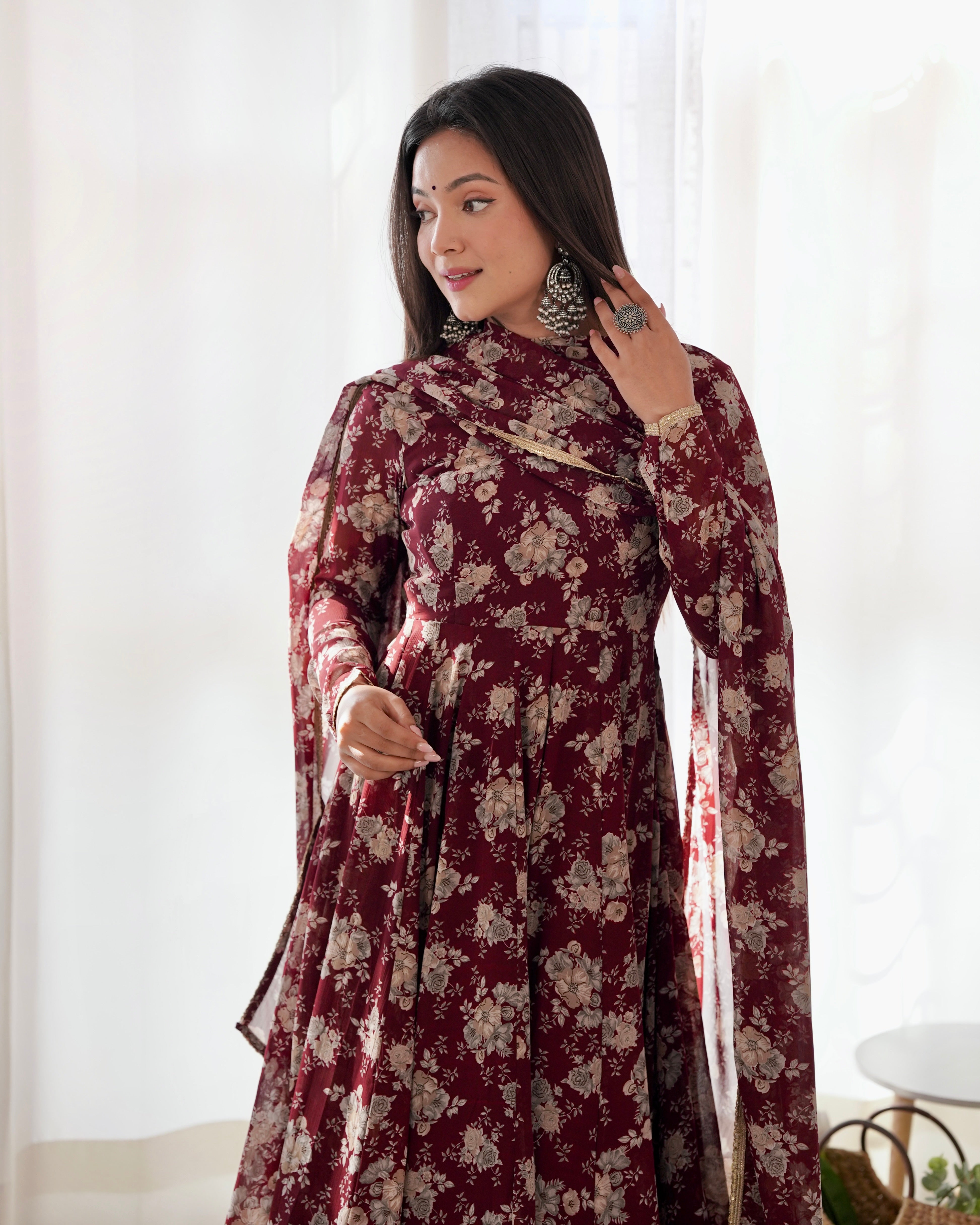 Lorenvalley Pure Faux Georgette Multi Floral Print Fully Flared Anarkali Pant With Dupatta Set - Maroon - Distacart