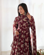 Thumbnail for Lorenvalley Pure Faux Georgette Multi Floral Print Fully Flared Anarkali Pant With Dupatta Set - Maroon - Distacart