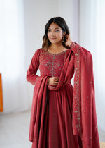 Thumbnail for Lorenvalley Fashion Maroon Roman Shimmer Chanderi Silk Yoke Fancy Handwork Beads Work Anarkali Kurta Pant With Dupatta Set