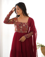 Thumbnail for Lorenvalley Fashion Maroon Faux Georgette Embroidery 9 Needle Thread Work Anarkali Pant with Dupatta - Distacart