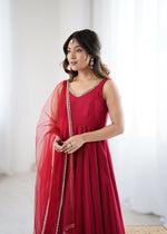 Thumbnail for Lorenvalley Fashion Maroon Pure Romansilk Chanderi Fabric Yoke Fancy Lace Work Anarkali Kurta Pant With Dupatta Set
