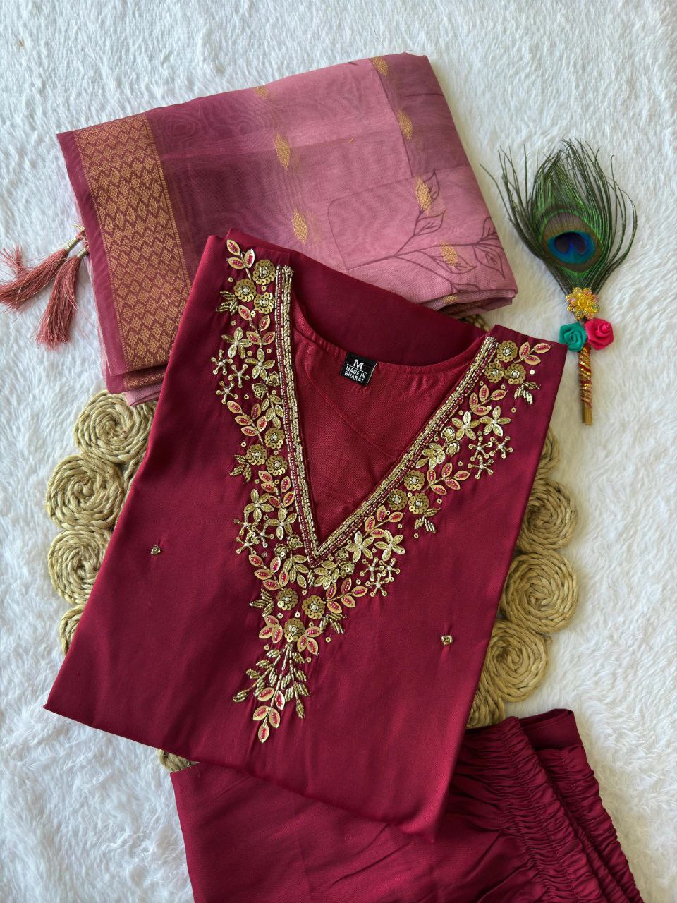 Lorenvalley Fashion Maroon Roman Silk Hand Work Kurta Pant with Dupatta