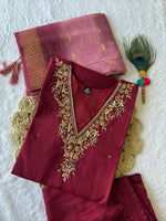Thumbnail for Lorenvalley Fashion Maroon Roman Silk Hand Work Kurta Pant with Dupatta