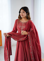 Thumbnail for Lorenvalley Fashion Maroon Roman Shimmer Chanderi Silk Yoke Fancy Handwork Beads Work Anarkali Kurta Pant With Dupatta Set