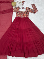 Thumbnail for Lorenvalley Fashion Maroon Faux Georgette Embroidery 9 Needle Thread Work Anarkali Pant with Dupatta - Distacart