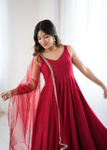 Thumbnail for Lorenvalley Fashion Maroon Pure Romansilk Chanderi Fabric Yoke Fancy Lace Work Anarkali Kurta Pant With Dupatta Set