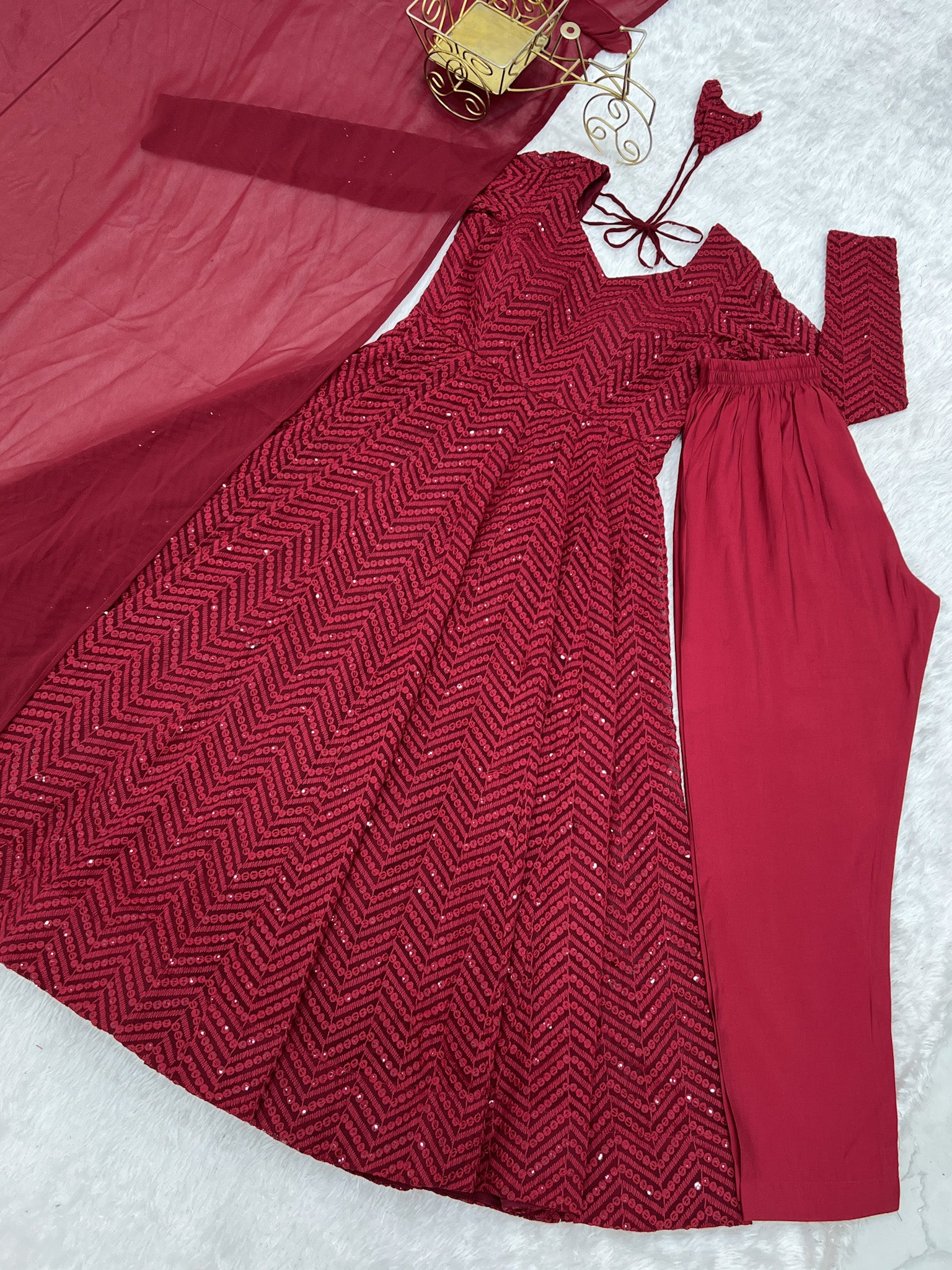 Lorenvalley Fashion Maroon Faux Georgette Lukhnowi Sequence Work Anarkali Kurta Pant With Dupatta Set