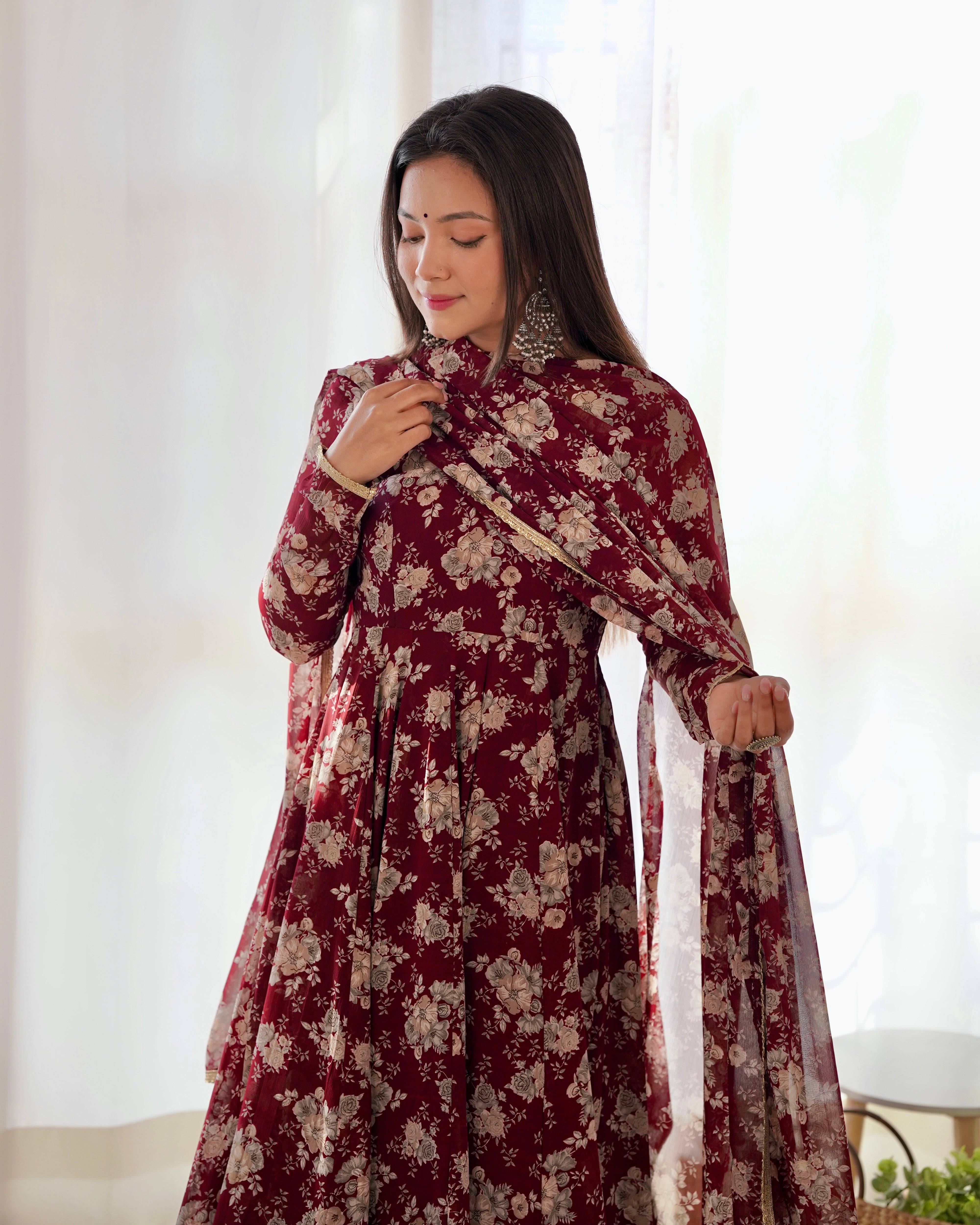 Lorenvalley Pure Faux Georgette Multi Floral Print Fully Flared Anarkali Pant With Dupatta Set - Maroon - Distacart