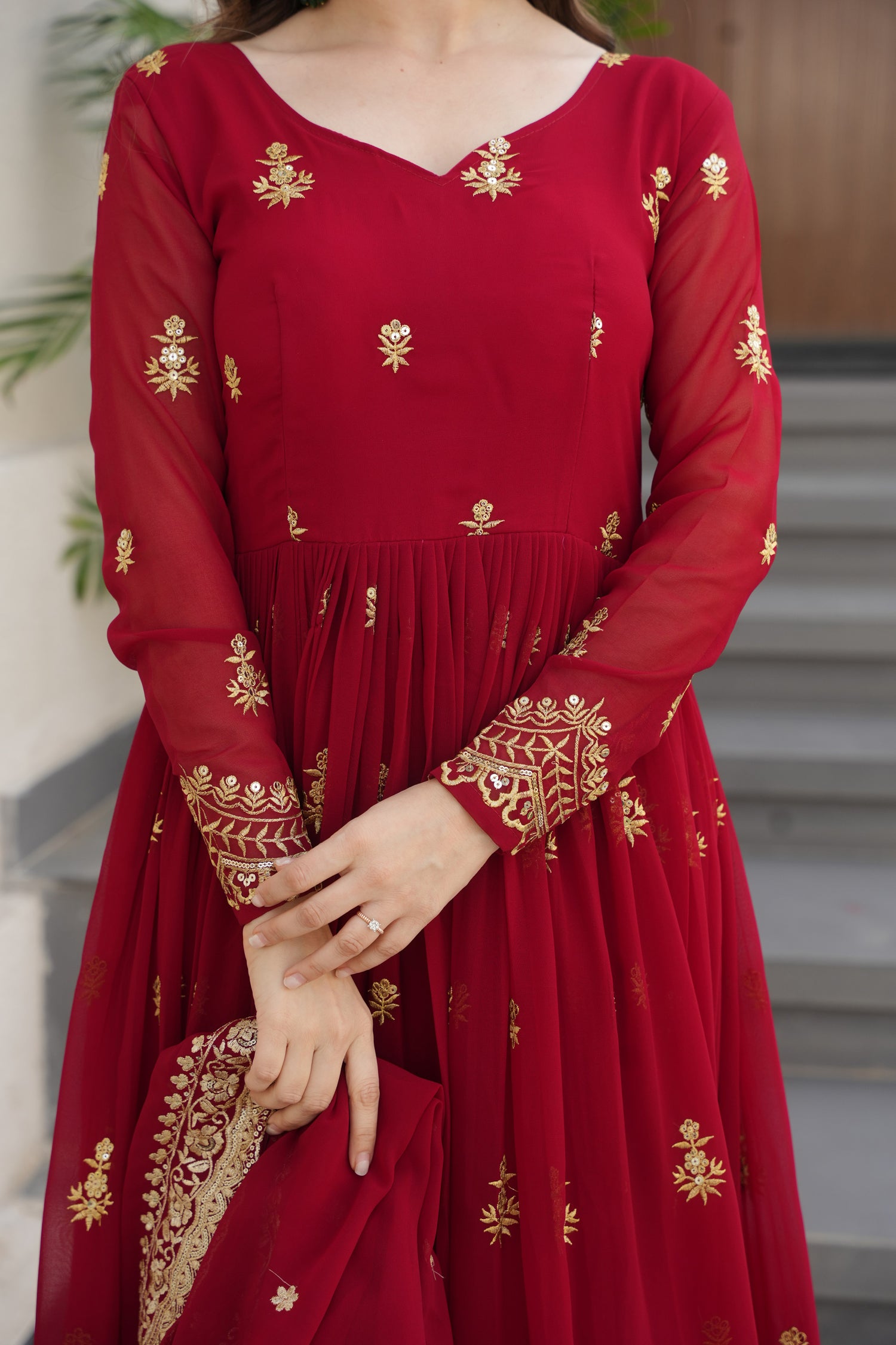 Lorenvalley Fashion Maroon Faux Georgette with Zari & Sequins Embroidered Work Anarkali Gown with Dupatta