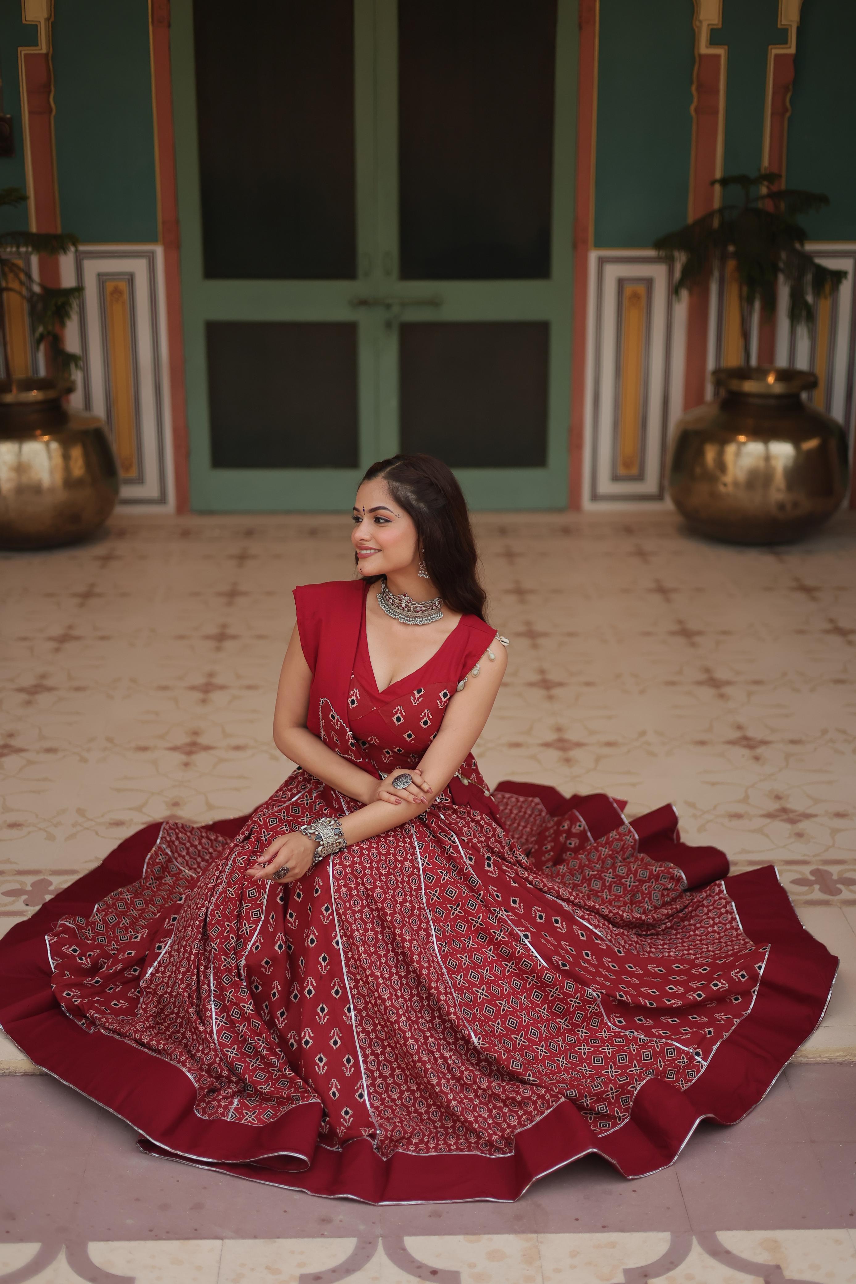Lorenvalley Maroon Rayon Gota Patti Lace Printed Kali Pattern Lehenga Choli with Dupatta - Distacart