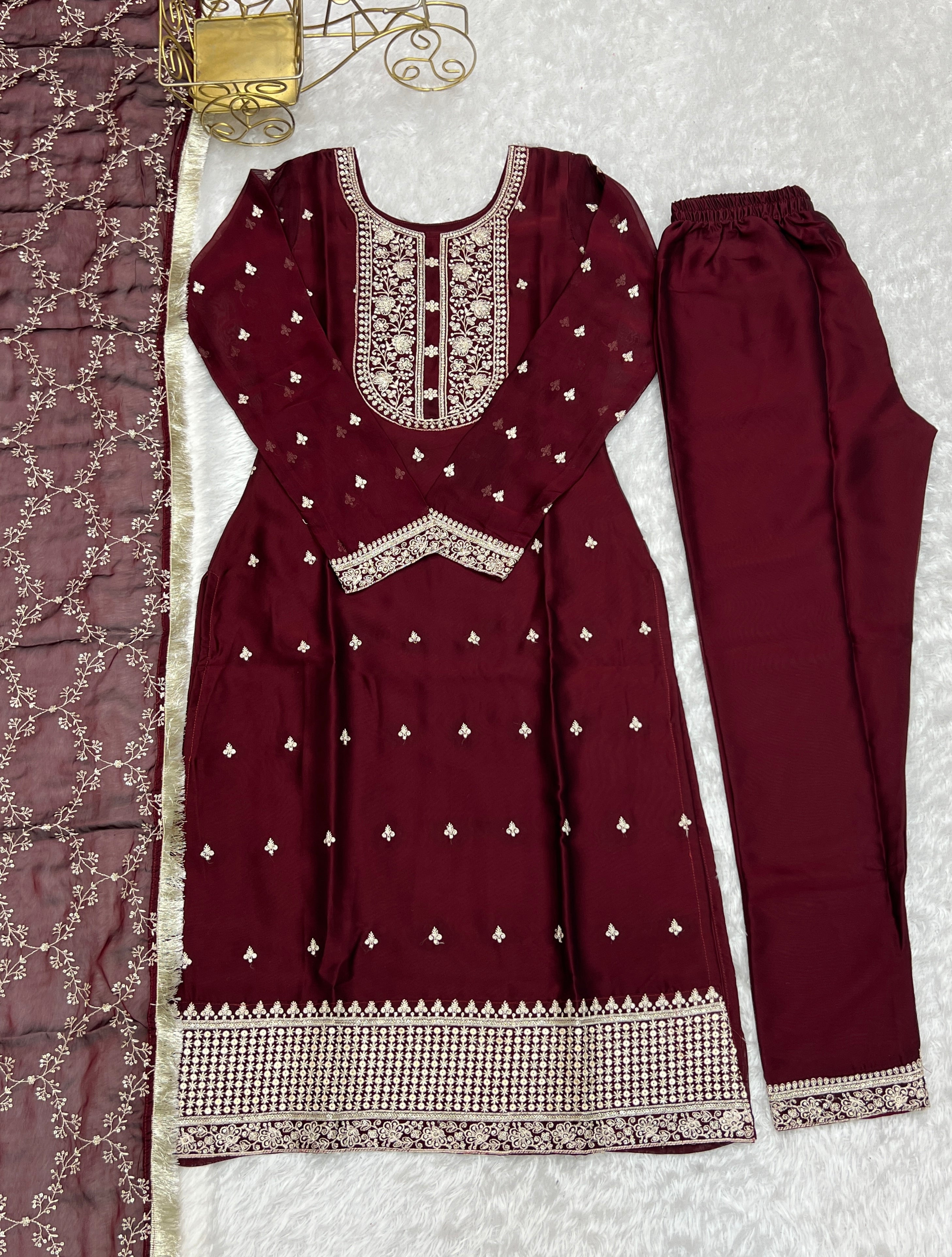 Lorenvalley Maroon Rangoli Silk Embroidery Sequence And Thread Work Kurta Trousers with Dupatta Set - Distacart
