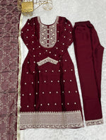Thumbnail for Lorenvalley Maroon Rangoli Silk Embroidery Sequence And Thread Work Kurta Trousers with Dupatta Set - Distacart
