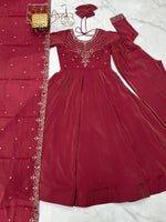 Thumbnail for Lorenvalley Fashion Maroon Roman Shimmer Chanderi Silk Yoke Fancy Handwork Beads Work Anarkali Kurta Pant With Dupatta Set
