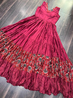 Thumbnail for Lorenvalley Maroon Rayon Fabric with Printed Attached In Frill And Neck Gown - Distacart