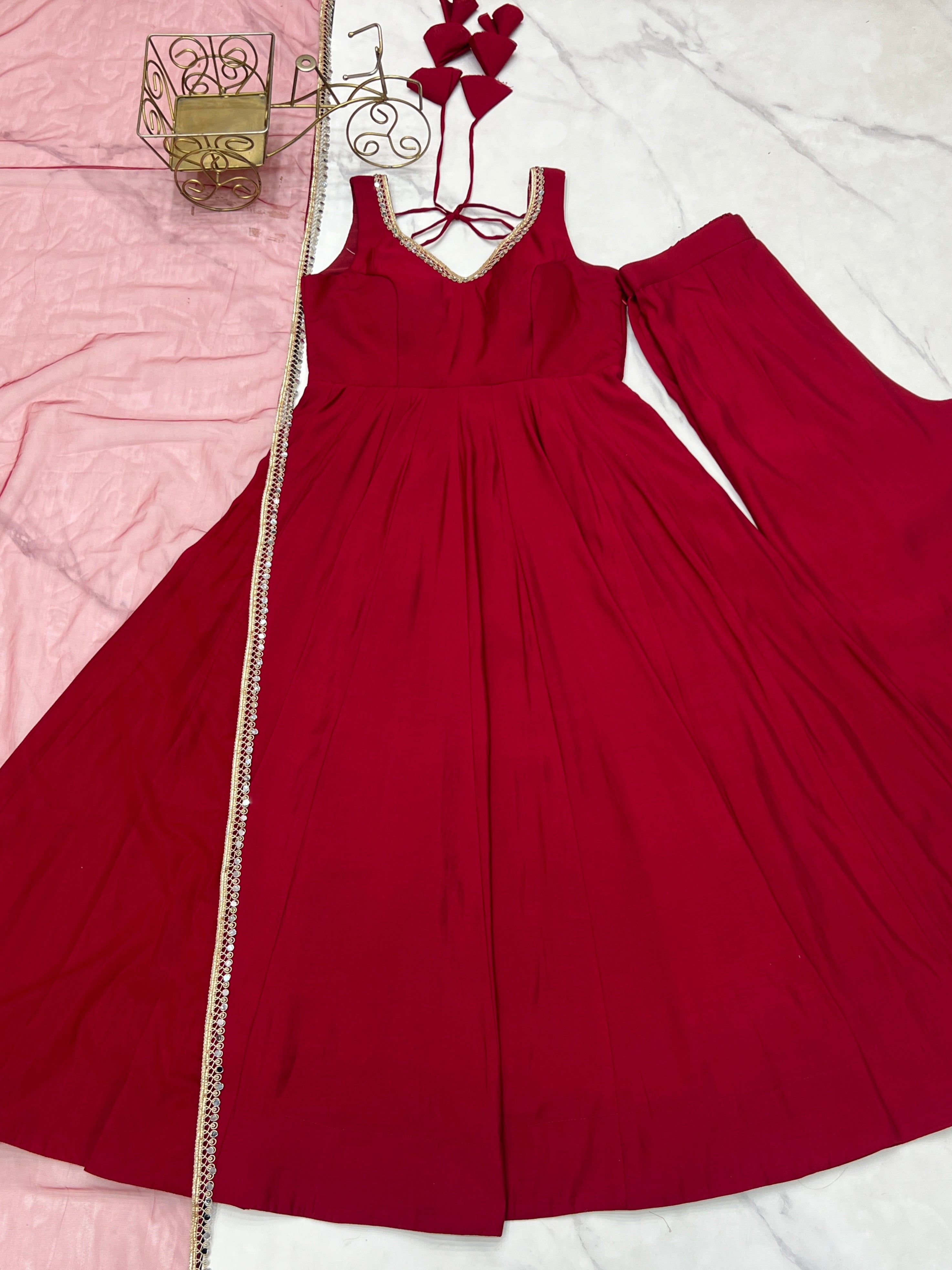 Lorenvalley Fashion Maroon Pure Romansilk Chanderi Fabric Yoke Fancy Lace Work Anarkali Kurta Pant With Dupatta Set