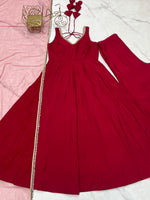 Thumbnail for Lorenvalley Fashion Maroon Pure Romansilk Chanderi Fabric Yoke Fancy Lace Work Anarkali Kurta Pant With Dupatta Set
