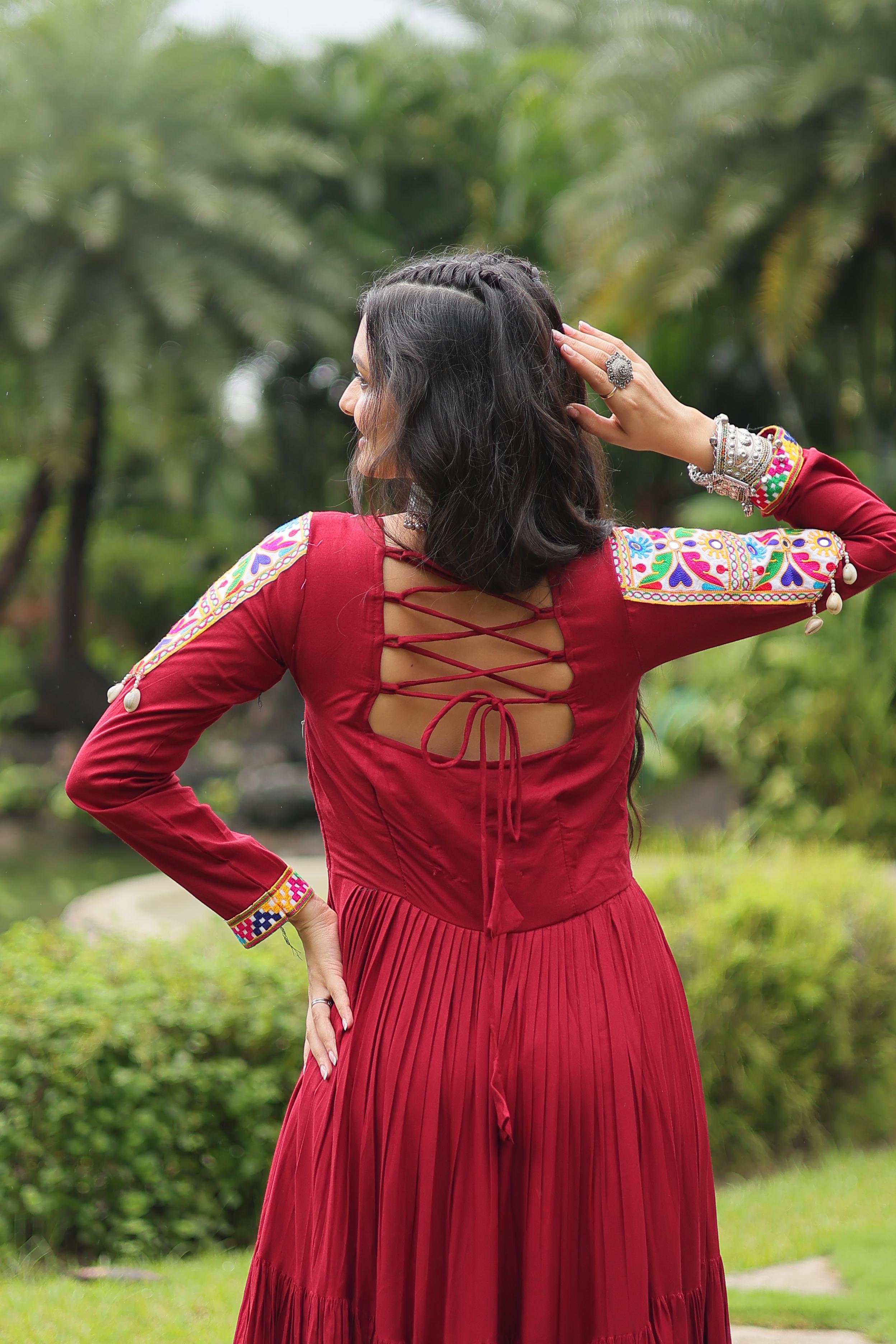 Lorenvalley Maroon Rayon Fabric with Kutchi Gamthi work Gown