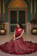 Thumbnail for Lorenvalley Maroon Rayon Gota Patti Lace Printed Kali Pattern Lehenga Choli with Dupatta - Distacart