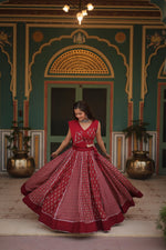 Thumbnail for Lorenvalley Maroon Rayon Gota Patti Lace Printed Kali Pattern Lehenga Choli with Dupatta - Distacart