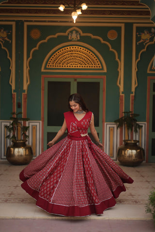 Lorenvalley Maroon Rayon Gota Patti Lace Printed Kali Pattern Lehenga Choli with Dupatta - Distacart