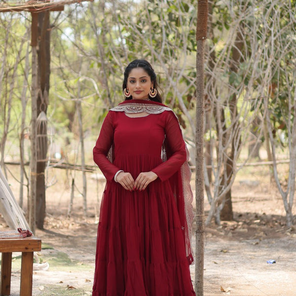 Evanik Maroon Faux Blooming Gown With Dupatta With Rich Sequins Embroidered work