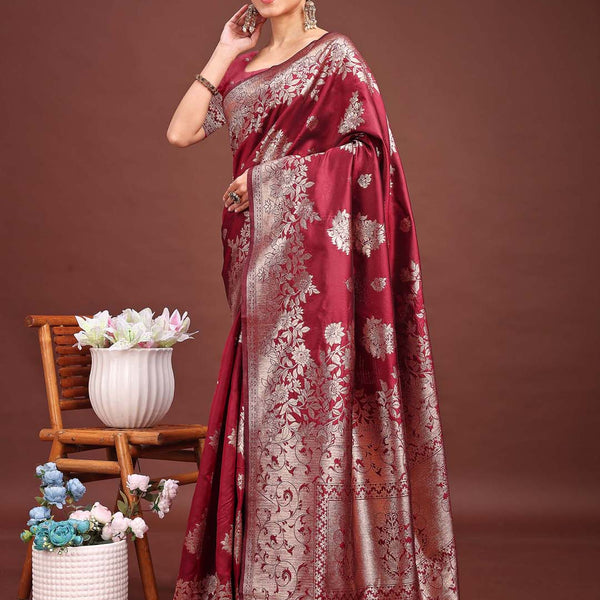 Anaita Maroon Banarasi Silk Woven Work Saree With Blouse - Distacart