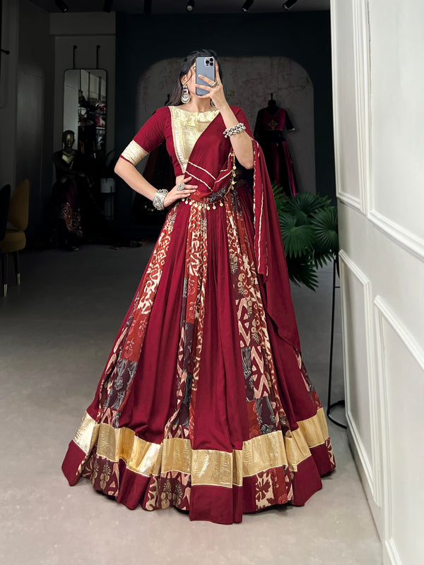 Lorenvalley Rayon and Tussar Silk Maroon Plain And Printed With Embossed Design Gota Lace Lehenga Choli with Dupatta - Distacart