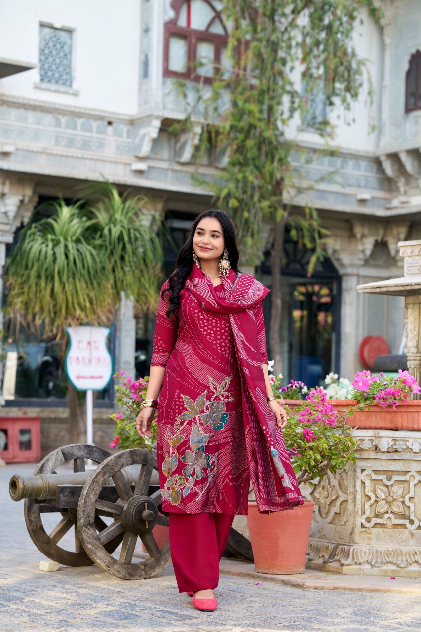Lorenvalley Maroon Roman Silk Floral Print With Beets Handwork Kurta Set - Distacart