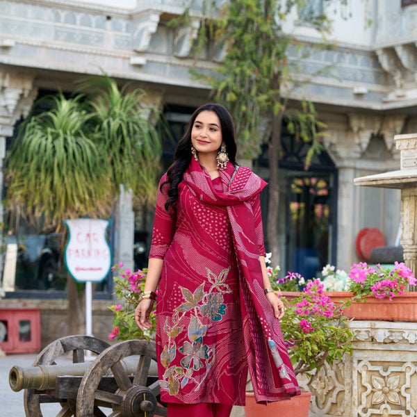Lorenvalley Maroon Roman Silk Floral Print With Beets Handwork Kurta Set - Distacart