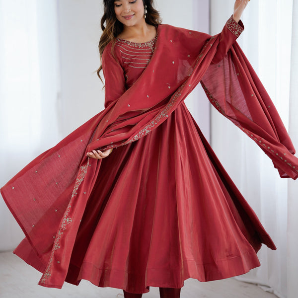 Lorenvalley Fashion Maroon Roman Shimmer Chanderi Silk Yoke Fancy Handwork Beads Work Anarkali Kurta Pant With Dupatta Set - Distacart