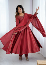 Thumbnail for Lorenvalley Fashion Maroon Roman Shimmer Chanderi Silk Yoke Fancy Handwork Beads Work Anarkali Kurta Pant With Dupatta Set