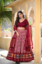 Thumbnail for Lorenvalley Maroon Tussar Silk Ikkat Print With Foil Work Lehenga Choli with Dupatta - Distacart