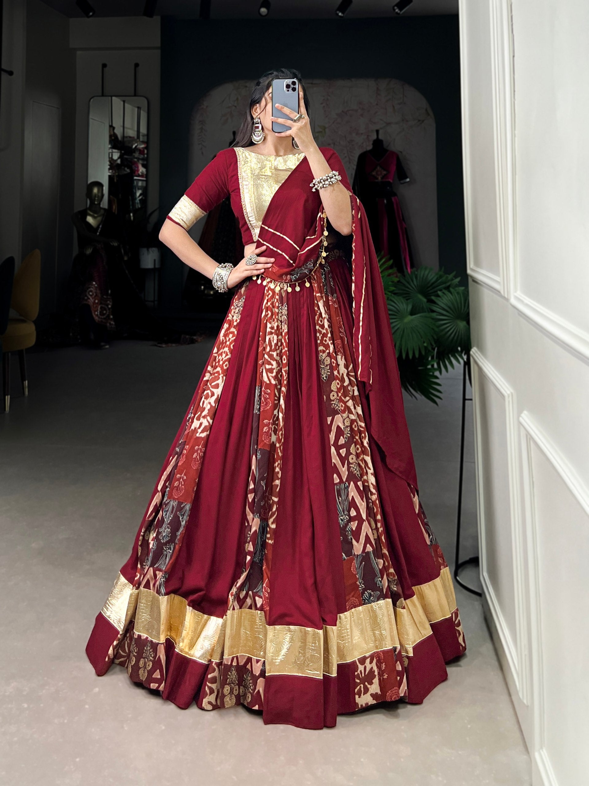 Lorenvalley Maroon Rayon and Tussar Silk Plain And Printed With Embossed Design Gota Lace Lehenga Choli with Dupatta - Distacart