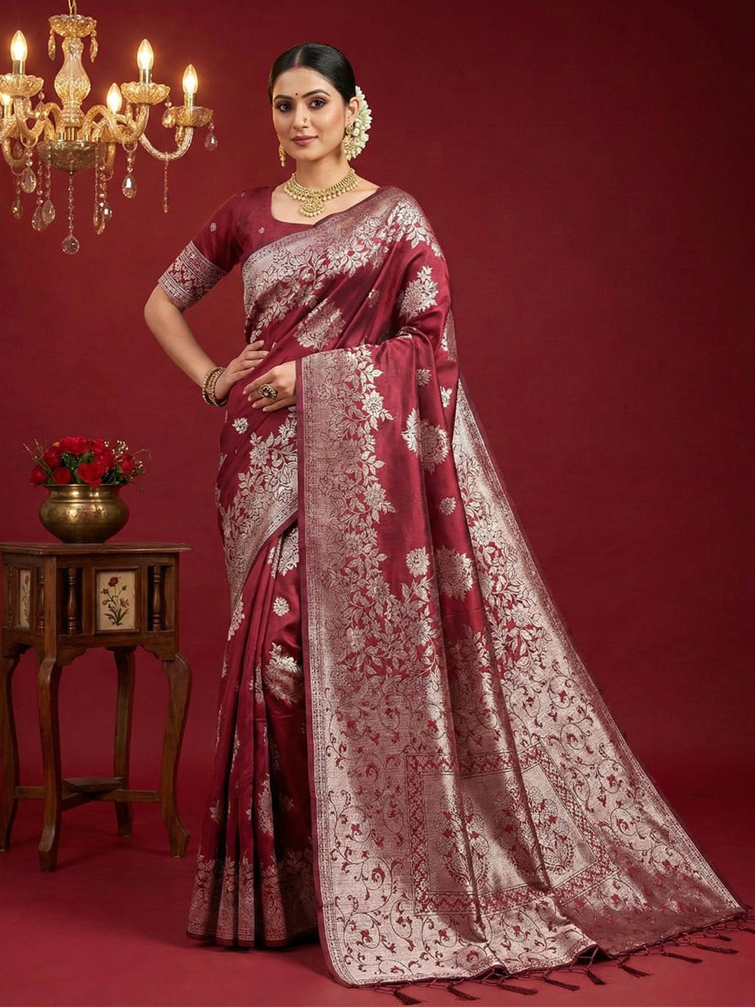 Anaita Maroon Silk Blend Woven Saree With Blouse - Distacart