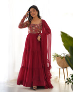Thumbnail for Lorenvalley Fashion Maroon Faux Georgette Embroidery 9 Needle Thread Work Anarkali Pant with Dupatta - Distacart
