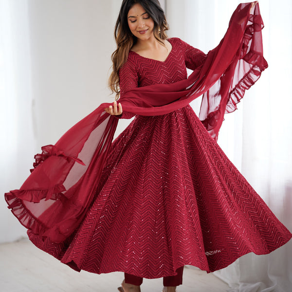 Lorenvalley Fashion Maroon Faux Georgette Lukhnowi Sequence Work Anarkali Kurta Pant With Dupatta Set - Distacart