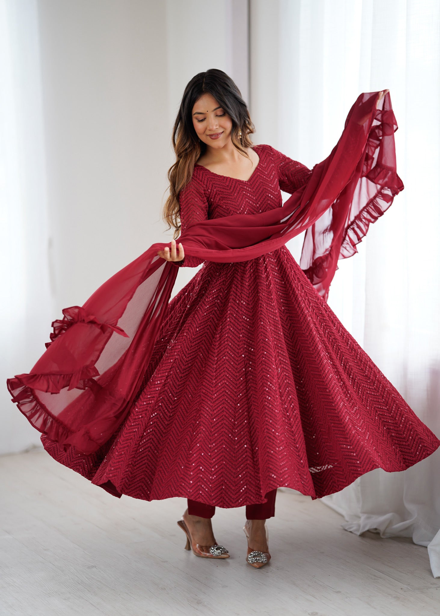 Lorenvalley Fashion Maroon Faux Georgette Lukhnowi Sequence Work Anarkali Kurta Pant With Dupatta Set - Distacart