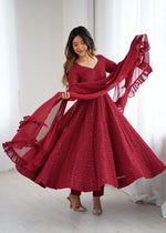 Thumbnail for Lorenvalley Fashion Maroon Faux Georgette Lukhnowi Sequence Work Anarkali Kurta Pant With Dupatta Set