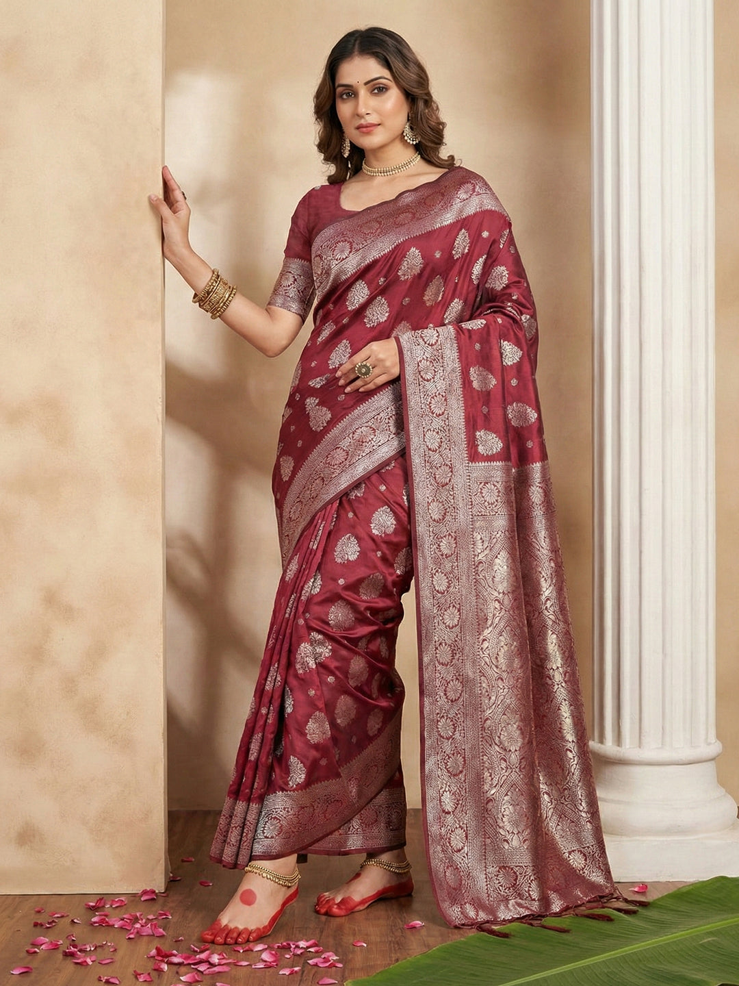 Anaita Maroon Silk Blend Woven Saree With Blouse - Distacart