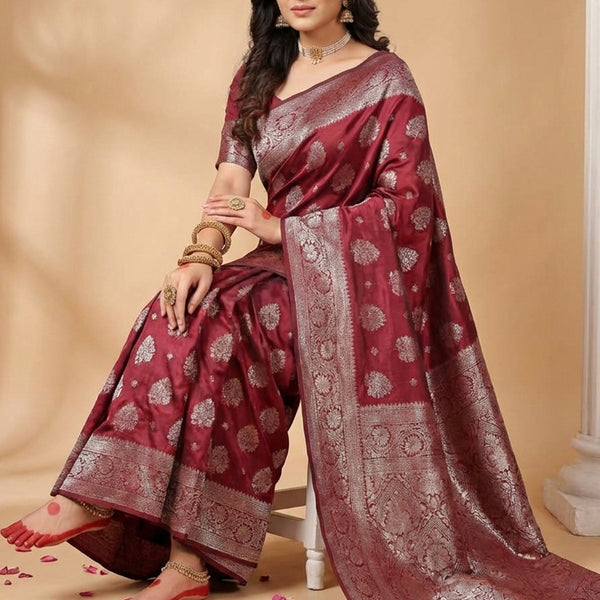 Anaita Maroon Silk Blend Woven Saree With Blouse - Distacart