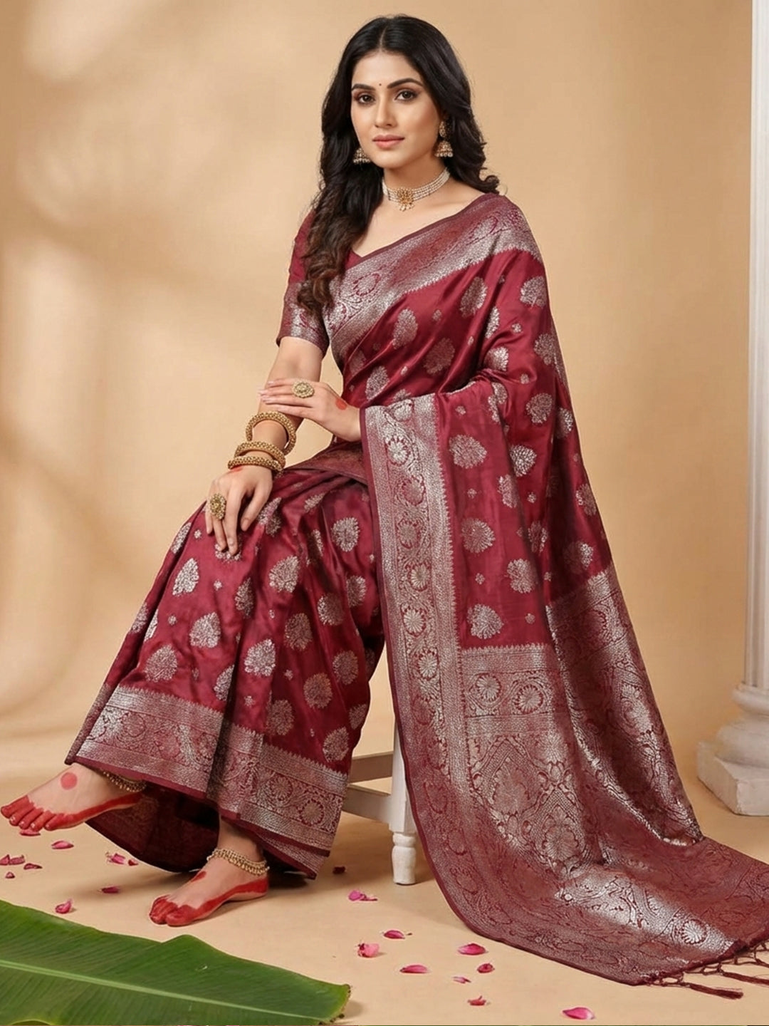 Anaita Maroon Silk Blend Woven Saree With Blouse - Distacart