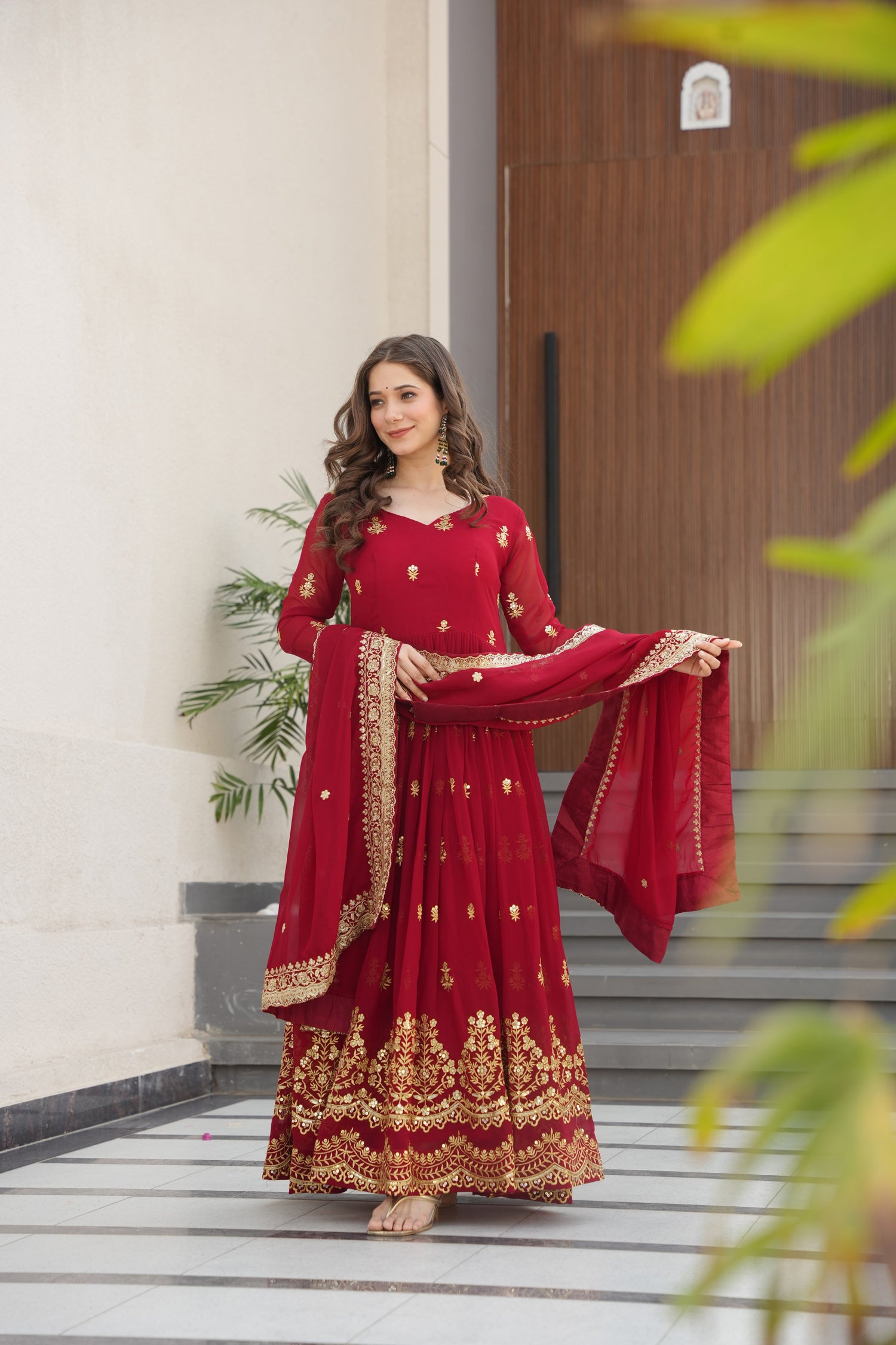 Lorenvalley Fashion Maroon Faux Georgette with Zari & Sequins Embroidered Work Anarkali Gown with Dupatta