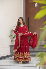 Thumbnail for Lorenvalley Fashion Maroon Faux Georgette with Zari & Sequins Embroidered Work Anarkali Gown with Dupatta