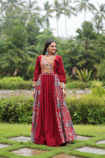 Thumbnail for Lorenvalley Maroon Rayon Contrast of Printed with Kutchi Gamthi work Gown